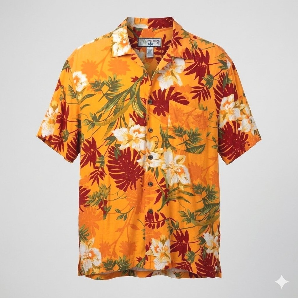 Caribbean Joe Y2K Men M Orange Floral Rayon Button Up Hawaiian Camp Shirt Island